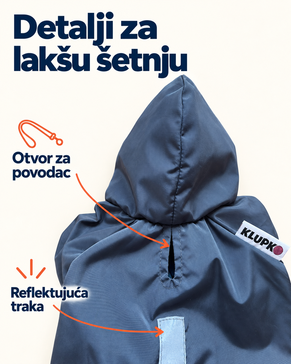 Kabanica za pse sa otvorom za povodac i reflektujućom trakom na leđima