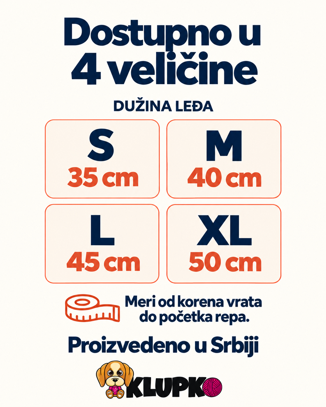 Tabela veličina kabanice za pse: S 35 cm, M 40 cm, L 45 cm, XL 50 cm dužine leđa